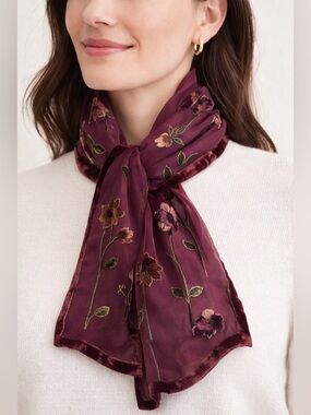 Velvet Devore Silk Burnout Scarf Ann Taylor Burgundy Floral  10 X 51 Rectangle